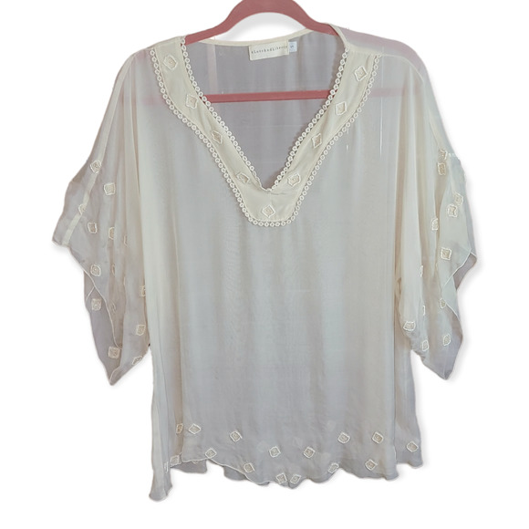 4 Love and Liberty Tops - 4 Love and Liberty Sheer Boho Cream Color Bead Embellished Tunic 100% Silk Sz S